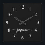 Girly Minimalist Monogram Name Script Black  Square Wall Clock<br><div class="desc">Girly Simple Minimalist Black Monogram Name Script Custom Personalized Square Wall Clock. These design featuring your first name in a pretty hand lettered style swash tail font signature typography white script on black color background. These are easy to customize it. Great stylish feminine housewarming gift, also for birthday, wedding, bridal...</div>