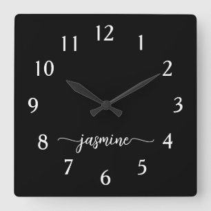 Girly Minimalist Monogram Name Script Black Square Wall Clock