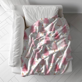 Girly Minimalist Pink and Gold Christmas Tree Fleece Blanket