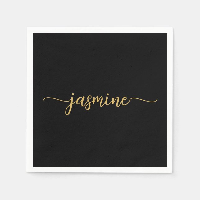 Girly Minimalist Simple Black Gold Monogram Script Napkins (Front)