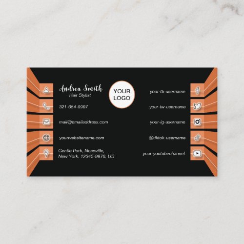 Girly Minimalist Social Media Icons Orange Custom Business Card