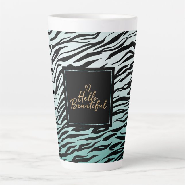 Girly Mint Black Zebra Print Ombre Hello Beautiful Latte Mug (Front)
