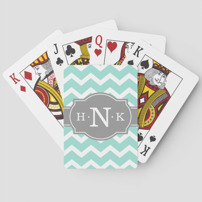 Girly Mint Chevron Gray Monogram Poker Cards (Back)
