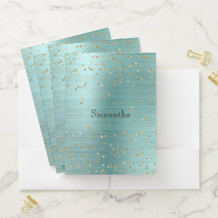 Girly Mint Glam Gold Sparkle Confetti Pocket Folder