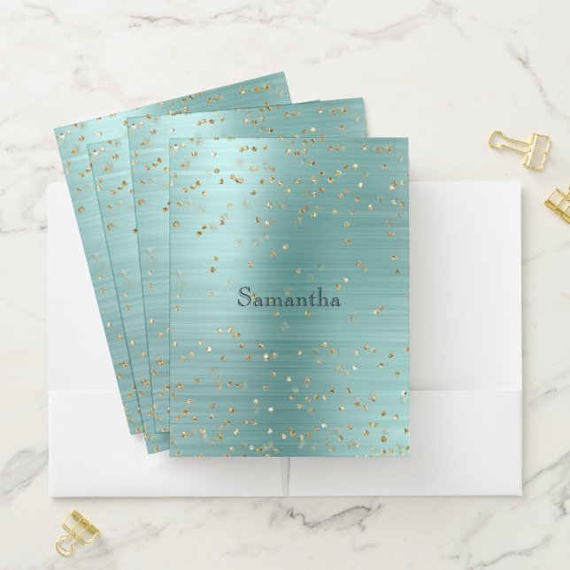 Girly Mint Glam Gold Sparkle Confetti Pocket Folder (In Situ)