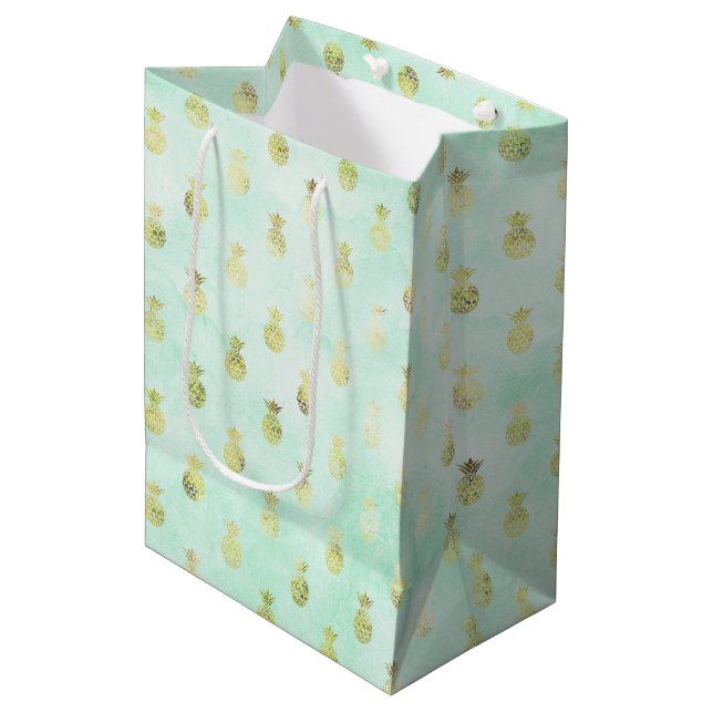 Girly Mint Glam Gold Tropical Pineapples Medium Gift Bag (Front Angled)