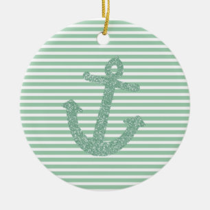 Girly Mint Glitter Anchor Ceramic Ornament