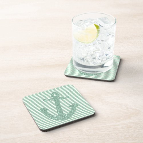 Girly Mint Glitter Anchor Drink Coaster