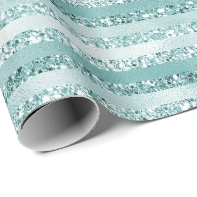 Girly Mint Glitter Glam Stripes Wrapping Paper (Roll Corner)