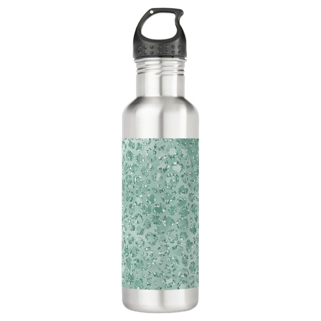 Girly Mint Glitter Glitz Leopard print Stainless Steel Water Bottle (Front)