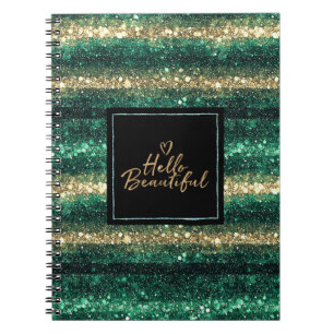 Girly Mint Gold Glitter Black Hello Beautiful Notebook