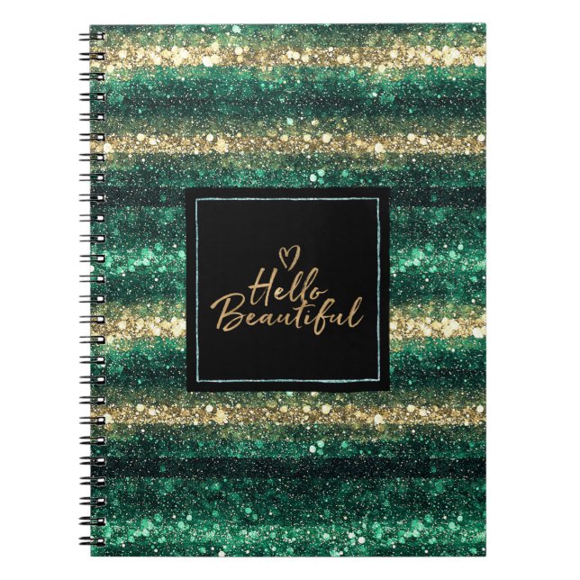 Girly Mint Gold Glitter Black Hello Beautiful Notebook (Front)