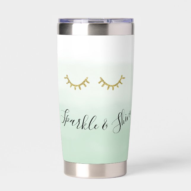 Girly Mint Gold Glitter Eyelashes Sparkle Insulated Tumbler (Front)