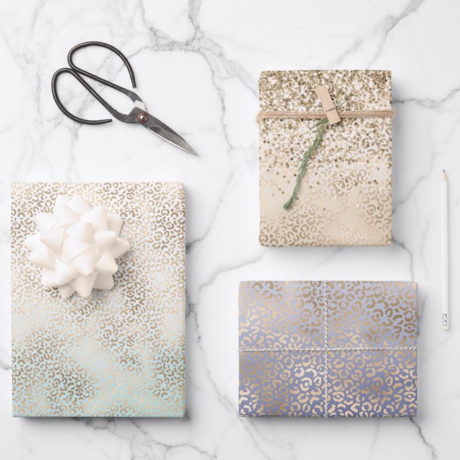 Girly Mint Gold Ombre Leopard Print Wrapping Paper Sheets (Front)