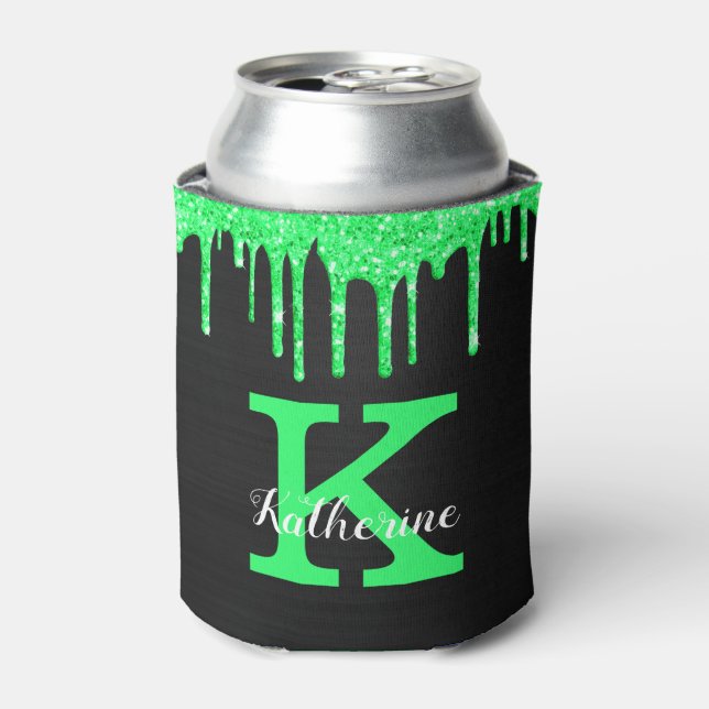 Girly Mint Green Black Glitter Drips Monogram Name Can Cooler (Can Front)