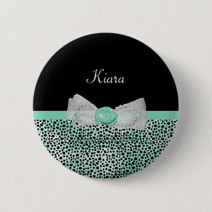 Girly Mint Green Cheetah Print Cute Bow and Name Button