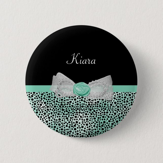 Girly Mint Green Cheetah Print Cute Bow and Name Button (Front)