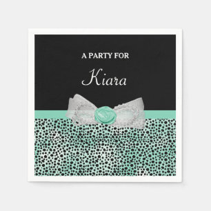Girly Mint Green Cheetah Print Cute Bow and Name Napkins