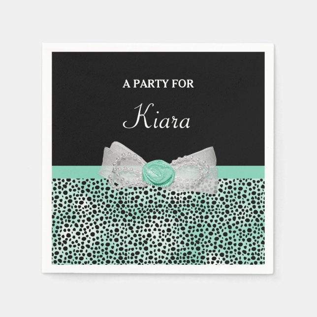 Girly Mint Green Cheetah Print Cute Bow and Name Napkins (Front)