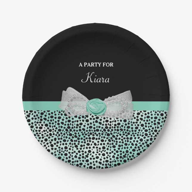 Girly Mint Green Cheetah Print Cute Bow Party Name Paper Plates (Front)