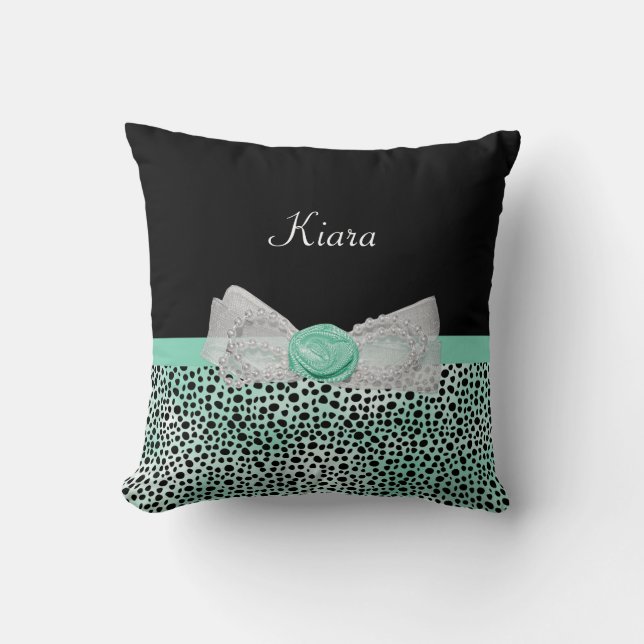 Girly Mint Green Cheetah Print Cute Bow With Name Throw Pillow (Front)