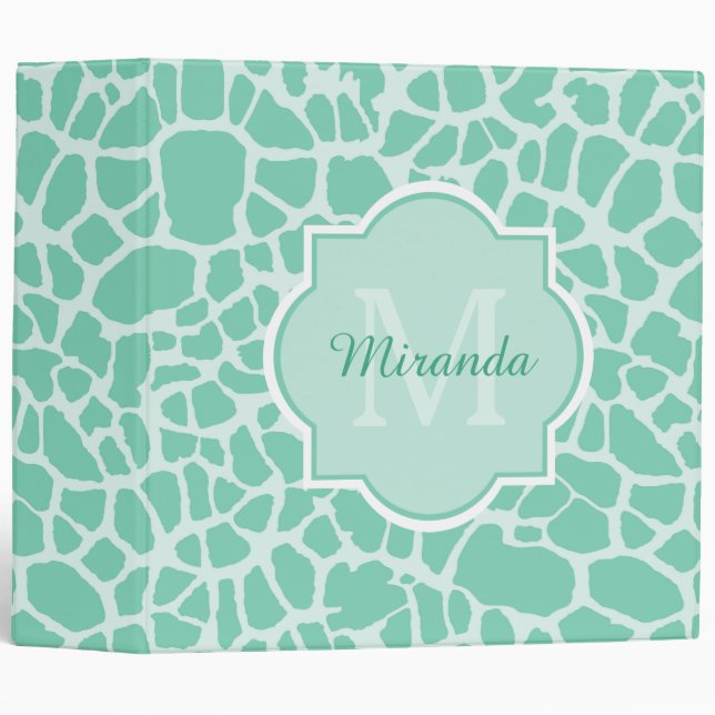 Girly Mint Green Giraffe Print Monogram and Name 3 Ring Binder (Front/Spine)