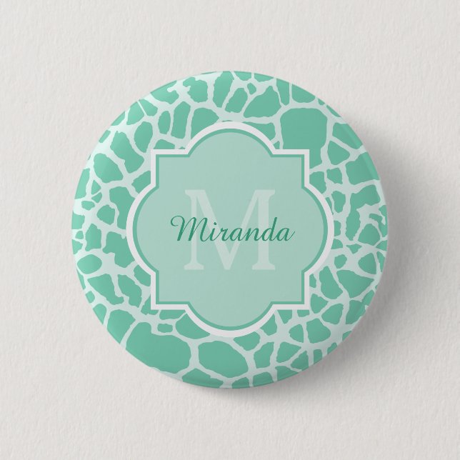 Girly Mint Green Giraffe Print Monogram and Name Button (Front)