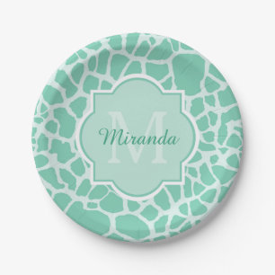 Girly Mint Green Giraffe Print Monogram and Name Paper Plates