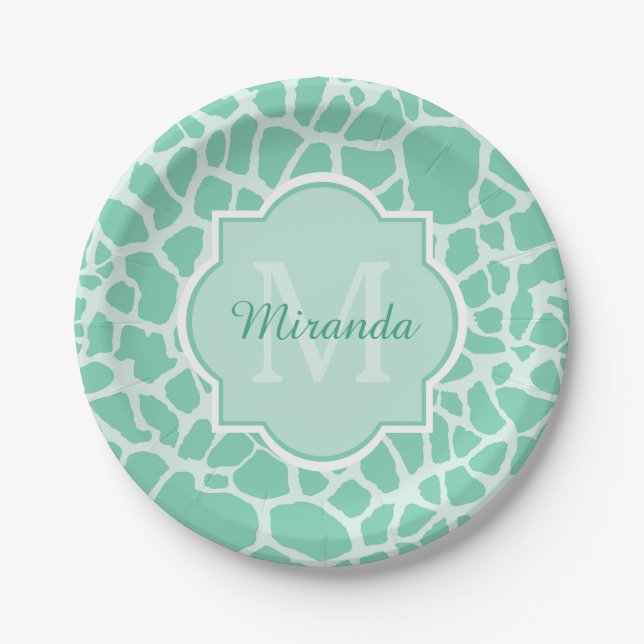 Girly Mint Green Giraffe Print Monogram and Name Paper Plates (Front)