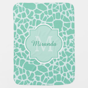 Girly Mint Green Giraffe Print Monogram and Name Receiving Blanket