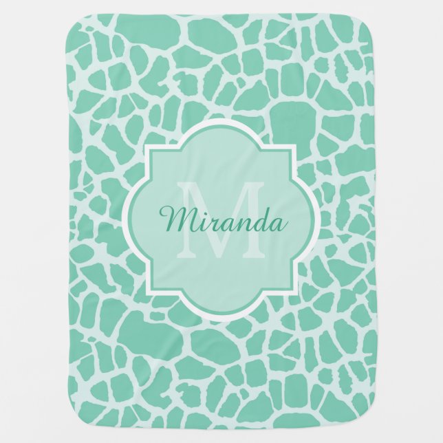 Girly Mint Green Giraffe Print Monogram and Name Receiving Blanket (Front)