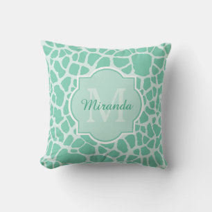 Girly Mint Green Giraffe Print Monogram and Name Throw Pillow