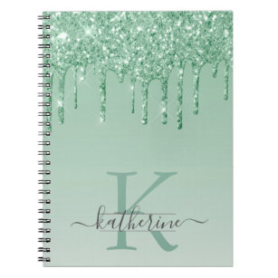 Girly Mint Green Glitter Drips Monogrammed Notebook