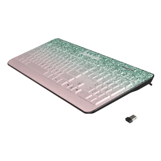 Girly Mint Green Glitter Sparkles Pink Ombre Name Wireless Keyboard (Angled)