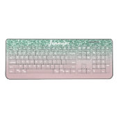 Girly Mint Green Glitter Sparkles Pink Ombre Name Wireless Keyboard (Front)