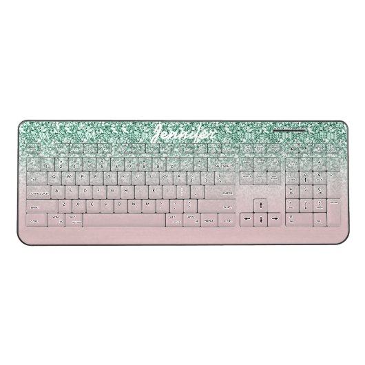 Girly Mint Green Glitter Sparkles Pink Ombre Name Wireless Keyboard (Front)