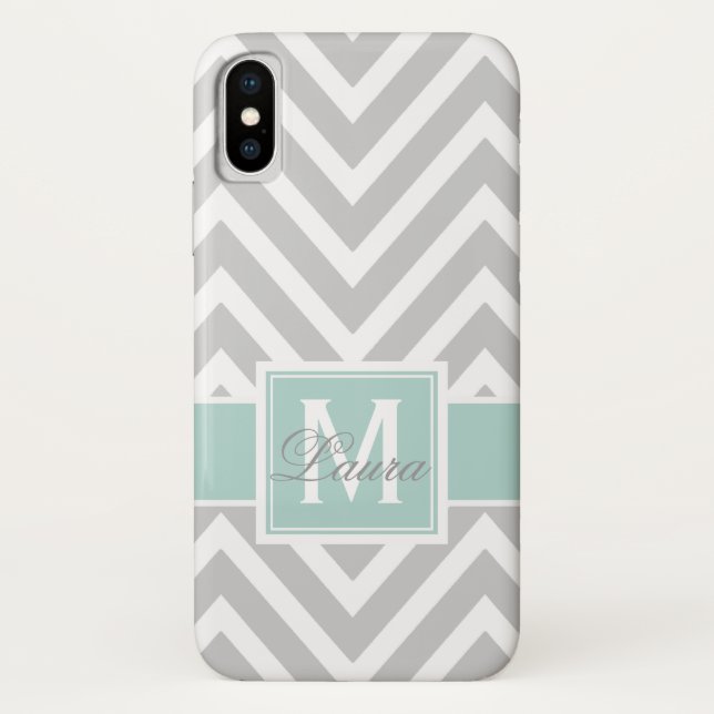 Girly Mint Green Gray Chevron Monogram Name Case-Mate iPhone Case (Back)