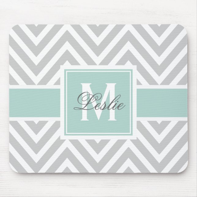 Girly Mint Green Gray Chevron Pattern Monogram Mouse Pad (Front)