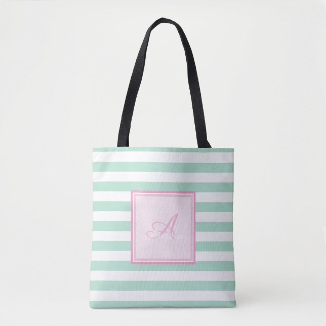 Girly Mint Green  Striped,Monogram-Personalized Tote Bag (Front)
