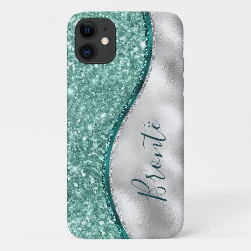 Girly Mint Green Turquoise Emerald  Silver iPhone 11 Case