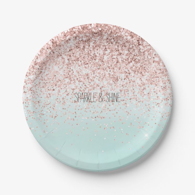 Girly Mint Ombre Glam Pink Glitter Paper Plates (Front)