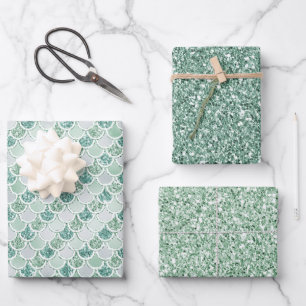 Girly Mint Pearl Mermaid Glitter   Wrapping Paper Sheets