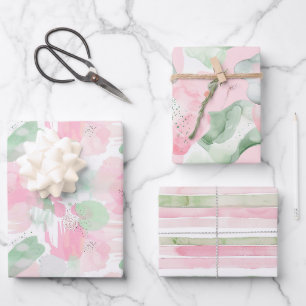 Girly Mint Pink Abstract Stripes Birthday Wrapping Paper Sheets