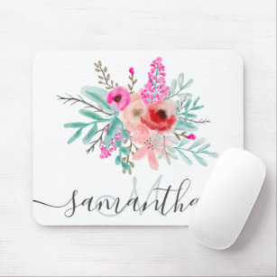 Girly mint pink floral watercolor monogrammed mouse pad