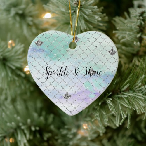 Girly Mint Purple Silver Glitter Mermaid Ceramic Ornament