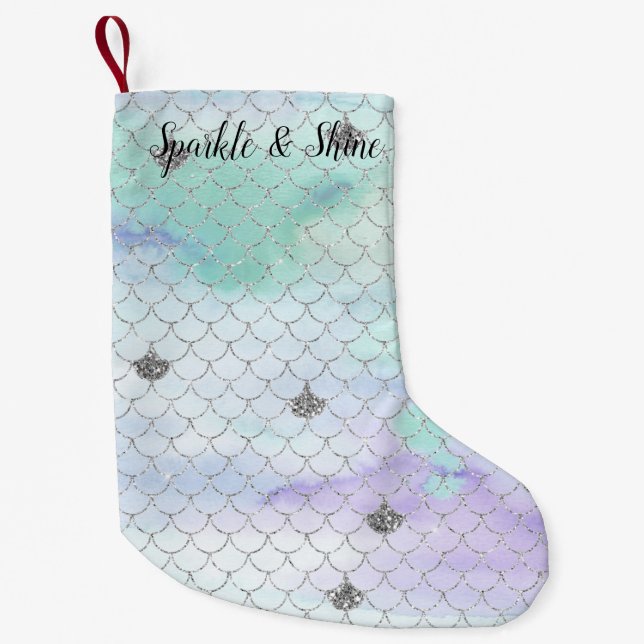 Girly Mint Purple Silver Glitter Mermaid Small Christmas Stocking (Front)