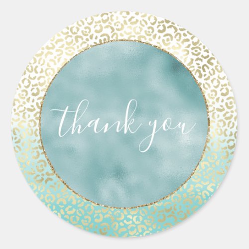 Girly Mint Watercolor Gold Leopard Print Classic Round Sticker