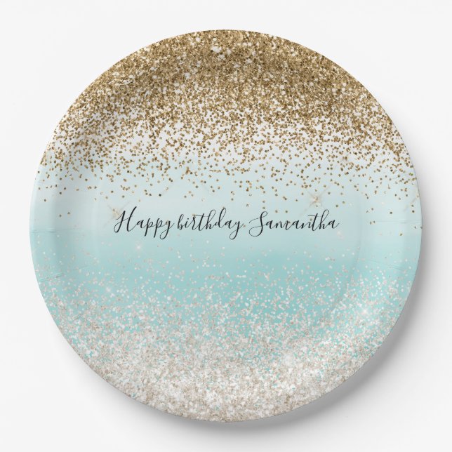 Girly Mint Watercolor Ombre Gold Glitzy Glitter Paper Plates (Front)