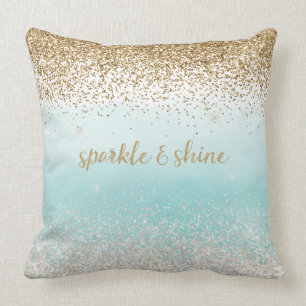 Girly Mint Watercolor Ombre Gold Glitzy Glitter Throw Pillow