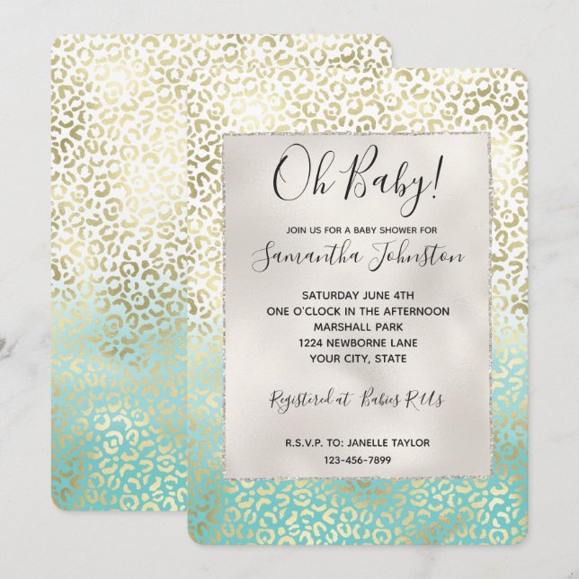 Girly Mint Watercolor Ombre Gold Leopard Print Invitation (Front/Back)